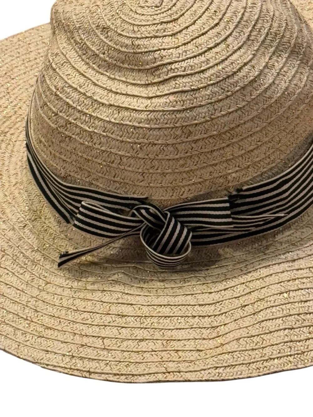 Wide‎ Brim Straw Sun Hat with Striped Bow - Beige